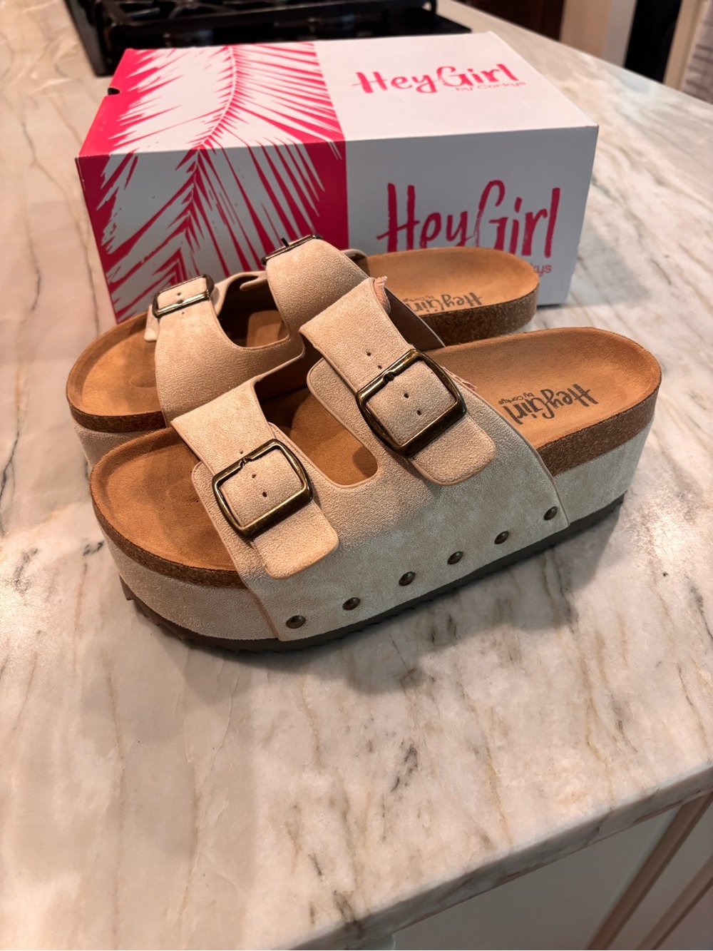 Corkys Beige Double-Buckle Platform Slide Sandals